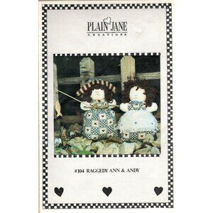 Plain Jane Creations 6 Inch Raggedy Ann and Andy Doll Full Size Pattern 1991